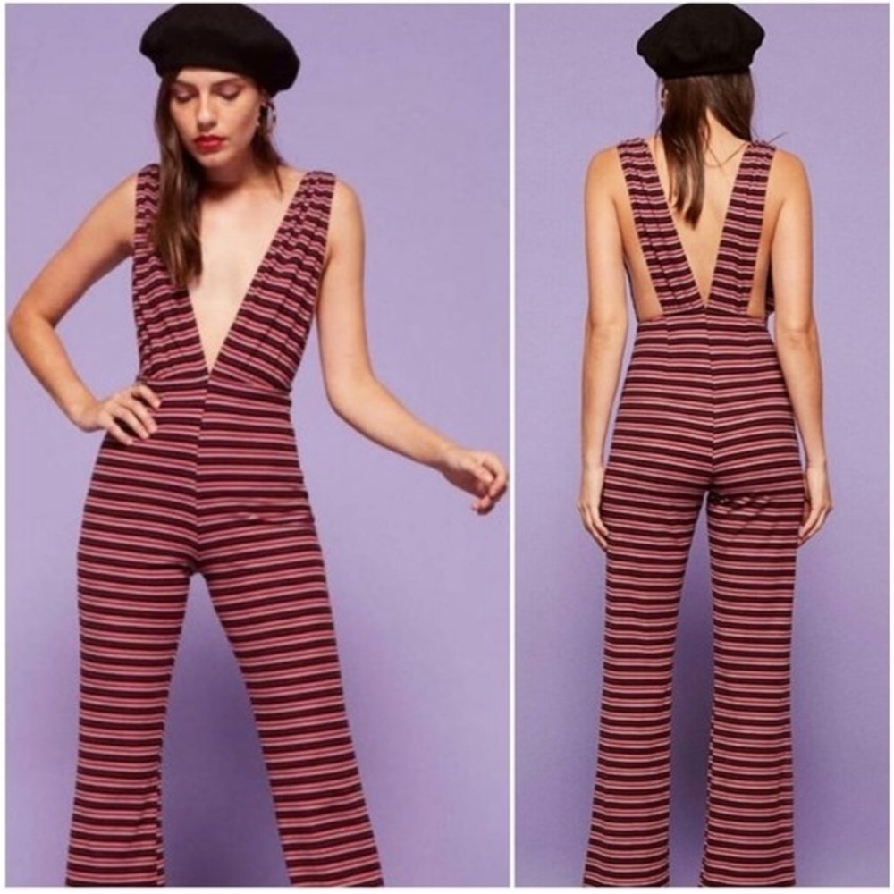 Reformation Vice Deep V Neck Striped Wide Leg Jumpsuit Women’s Petite Size XS